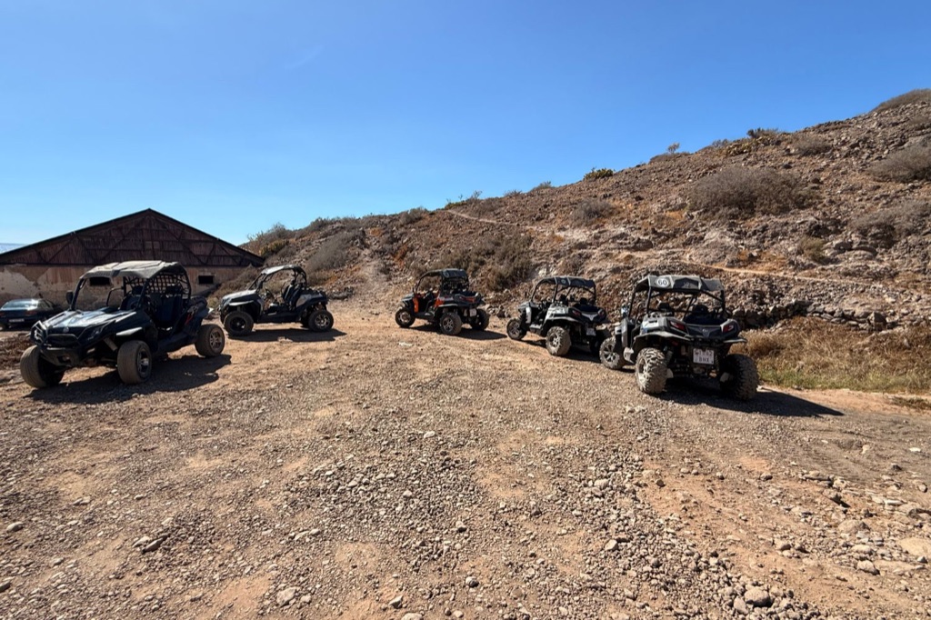 Five of the company's buggies parked on open ground at the foot of the hill, next to an old shed