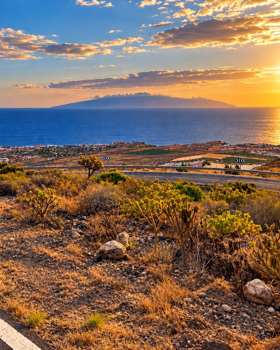 La Gomera across the sea at sunset, seen from the roadside with dry scrub in front